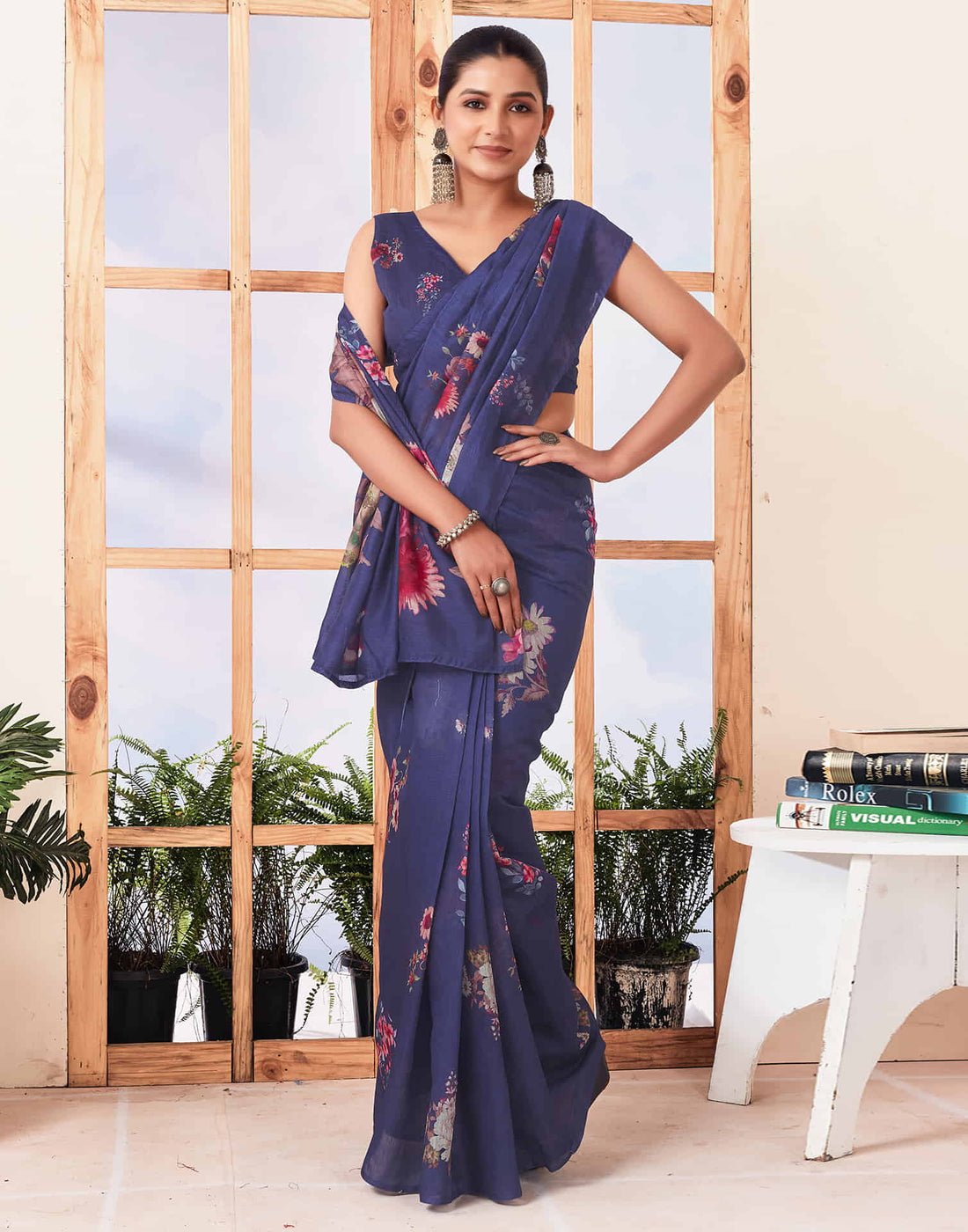 Ready To Wear Navy Blue Printed Cotton Saree