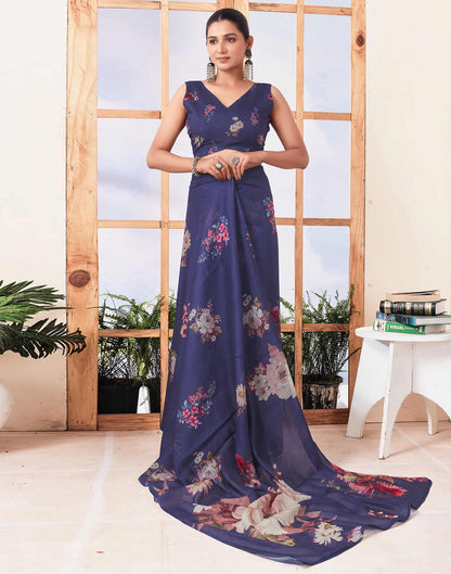 Ready To Wear Navy Blue Printed Cotton Saree