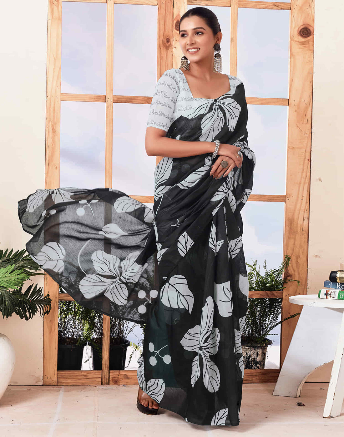 Ready To Wear Black Printed Cotton Saree