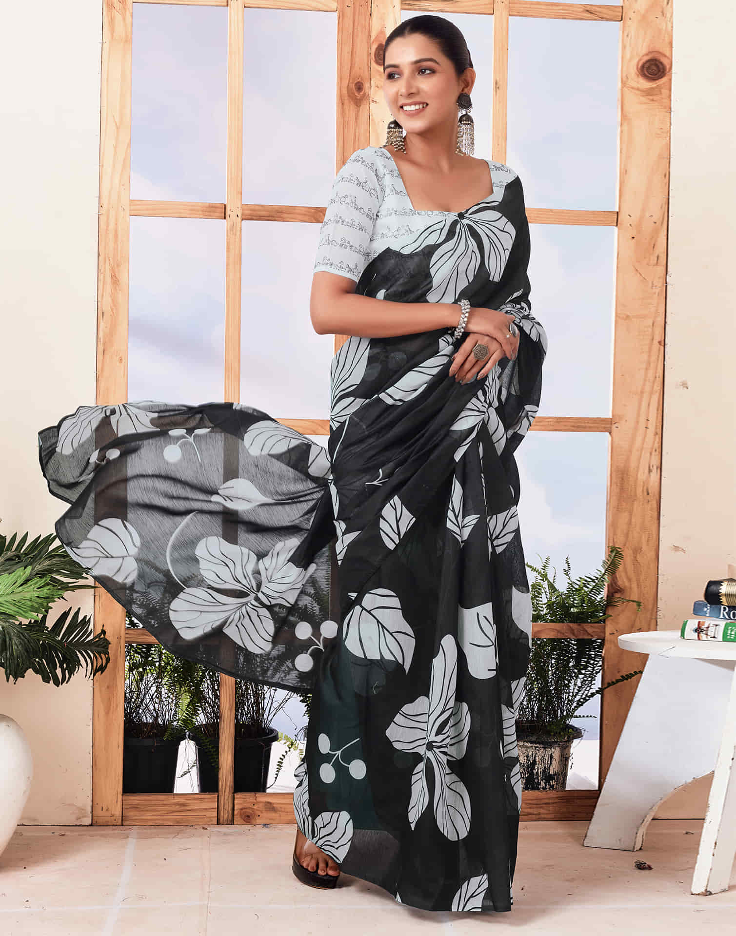 Ready To Wear Black Printed Cotton Saree