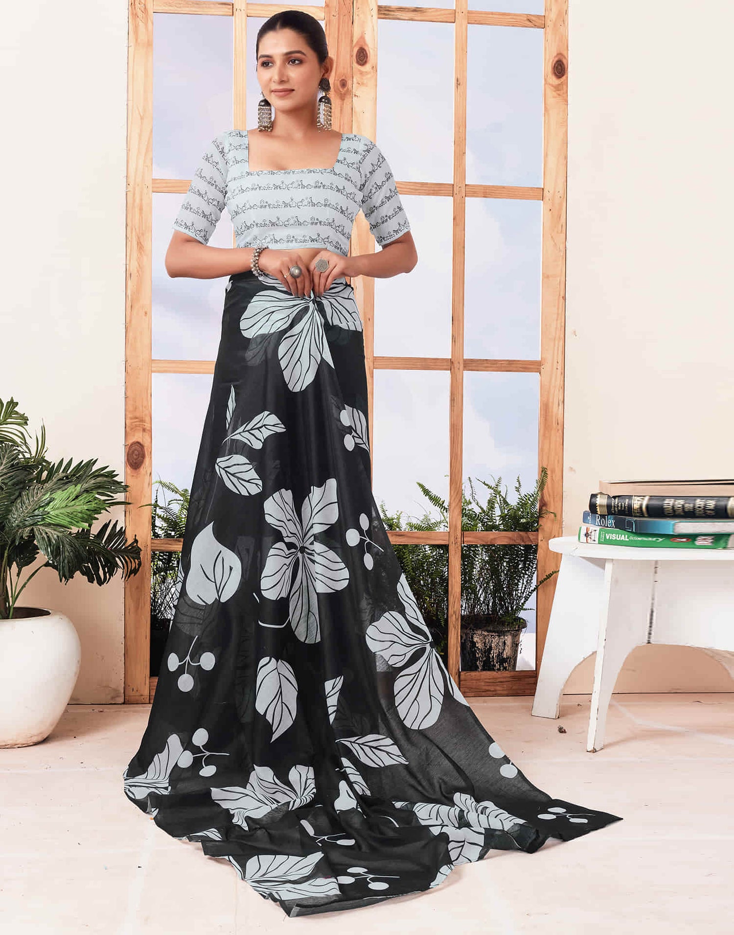 Ready To Wear Black Printed Cotton Saree