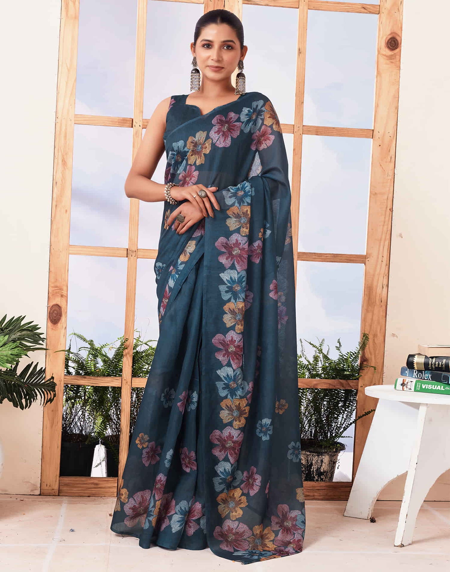 Ready To Wear Dusty Rama Blue Printed Cotton Saree