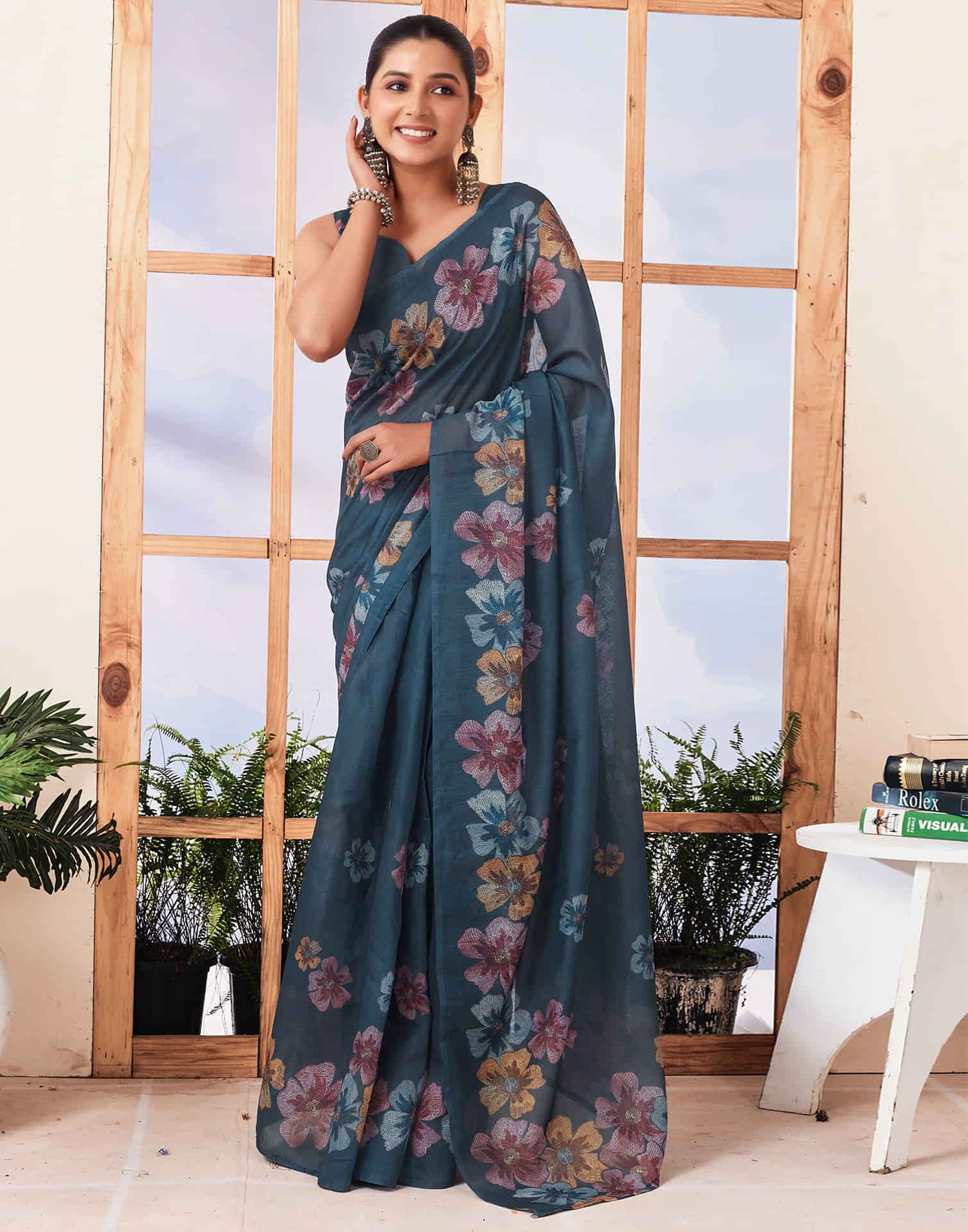 Ready To Wear Dusty Rama Blue Printed Cotton Saree