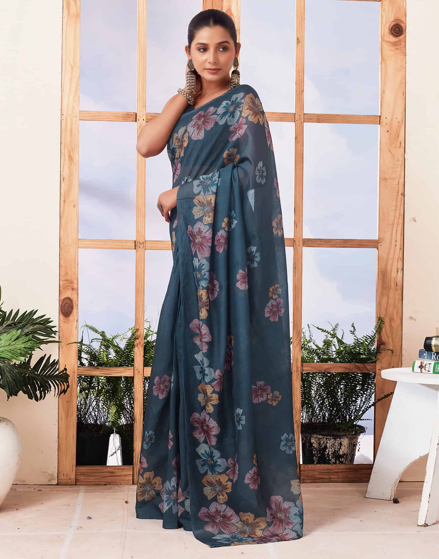 Ready To Wear Dusty Rama Blue Printed Cotton Saree