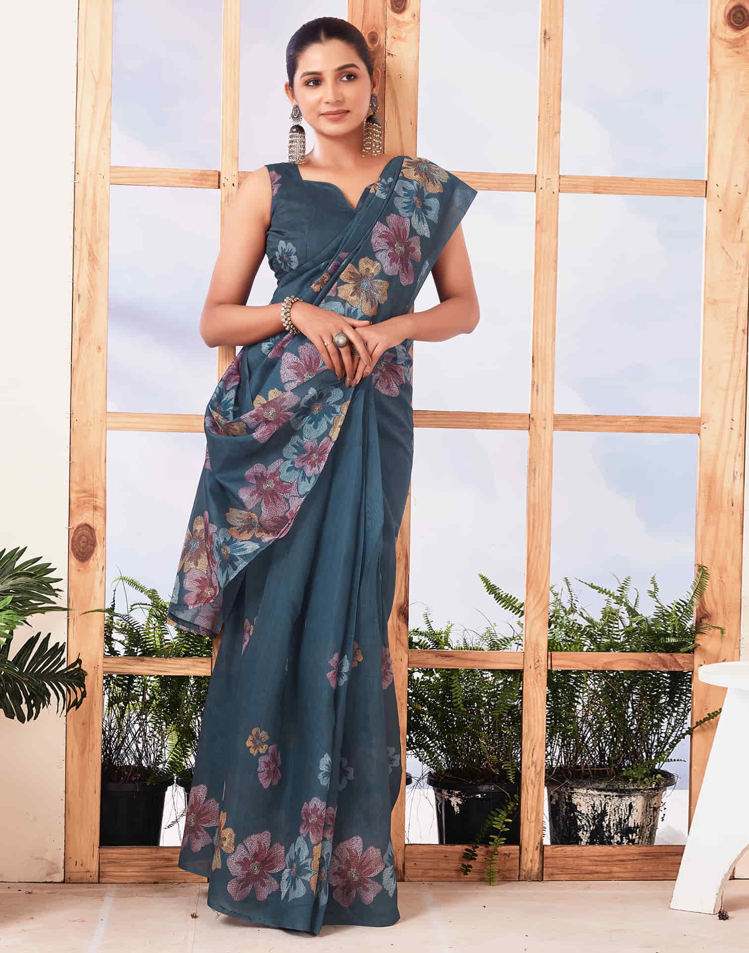 Ready To Wear Dusty Rama Blue Printed Cotton Saree