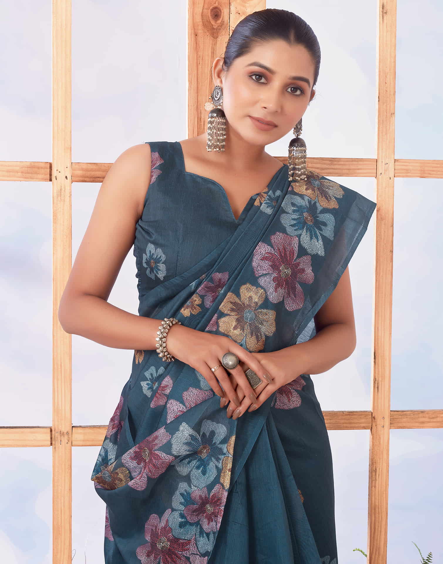 Ready To Wear Dusty Rama Blue Printed Cotton Saree