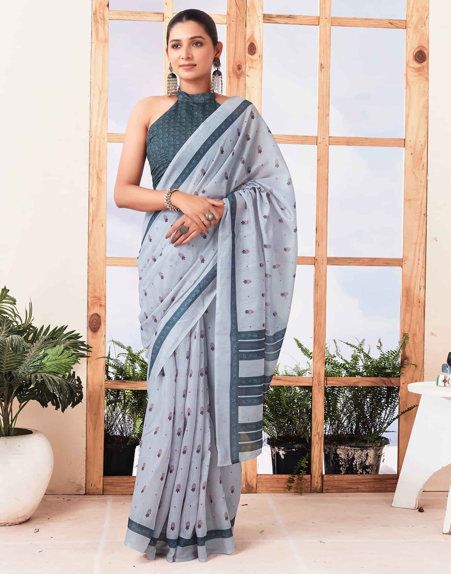 Ready To Wear Off White Printed Cotton Saree