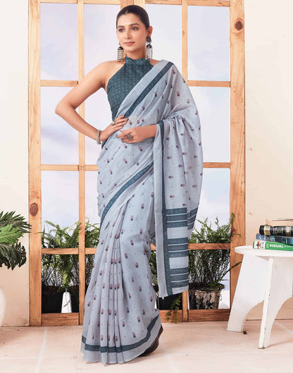 Ready To Wear Off White Printed Cotton Saree