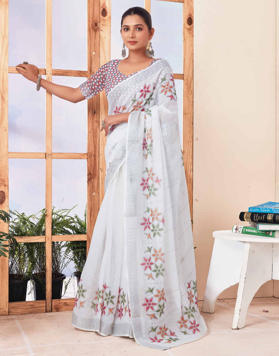 Ready To Wear White Printed Cotton Saree