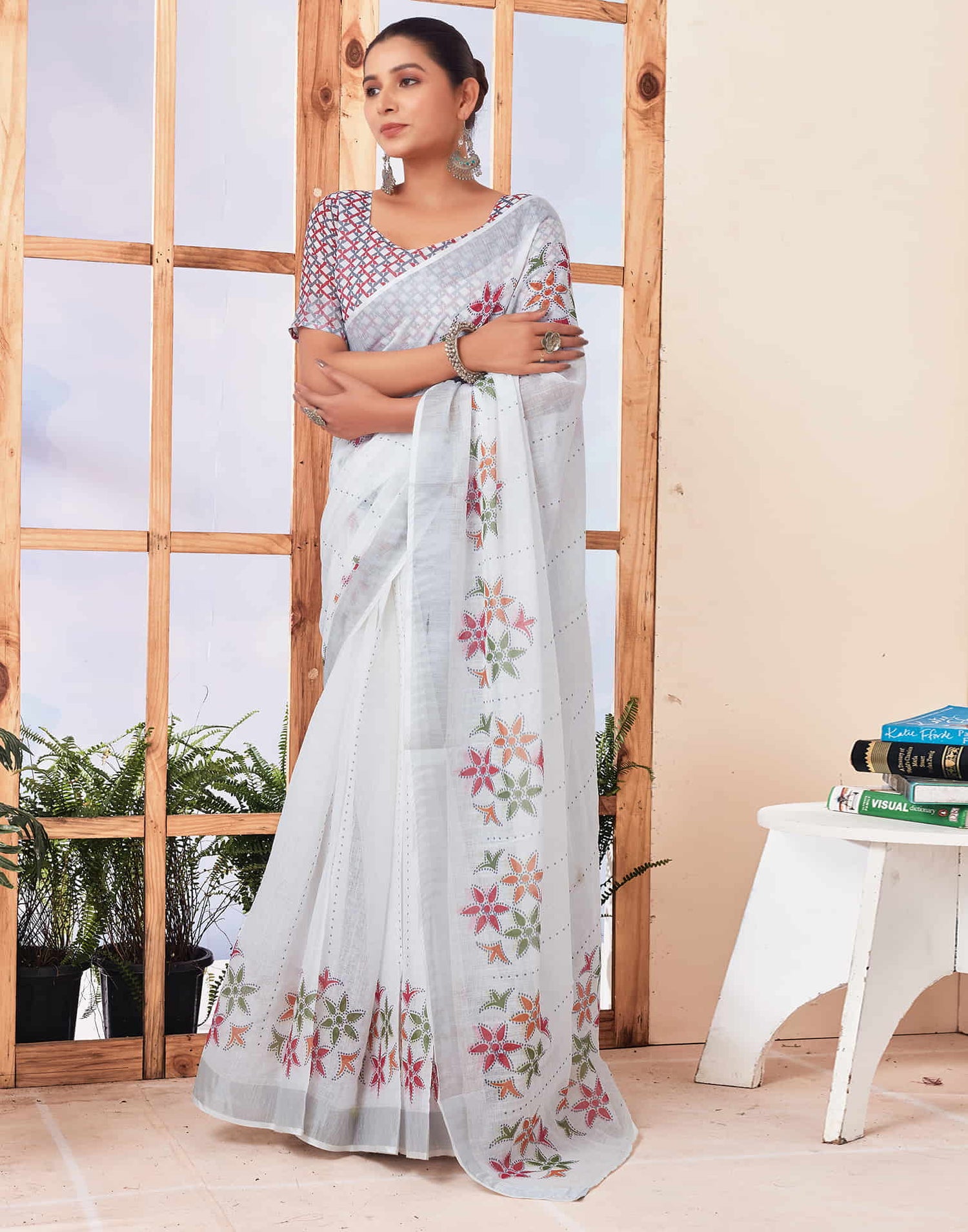 Ready To Wear White Printed Cotton Saree