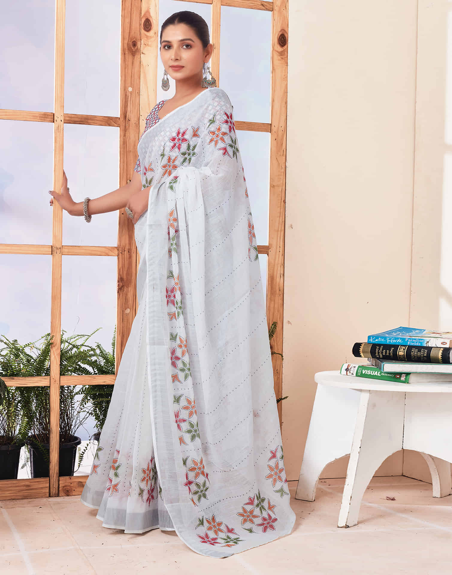 Ready To Wear White Printed Cotton Saree