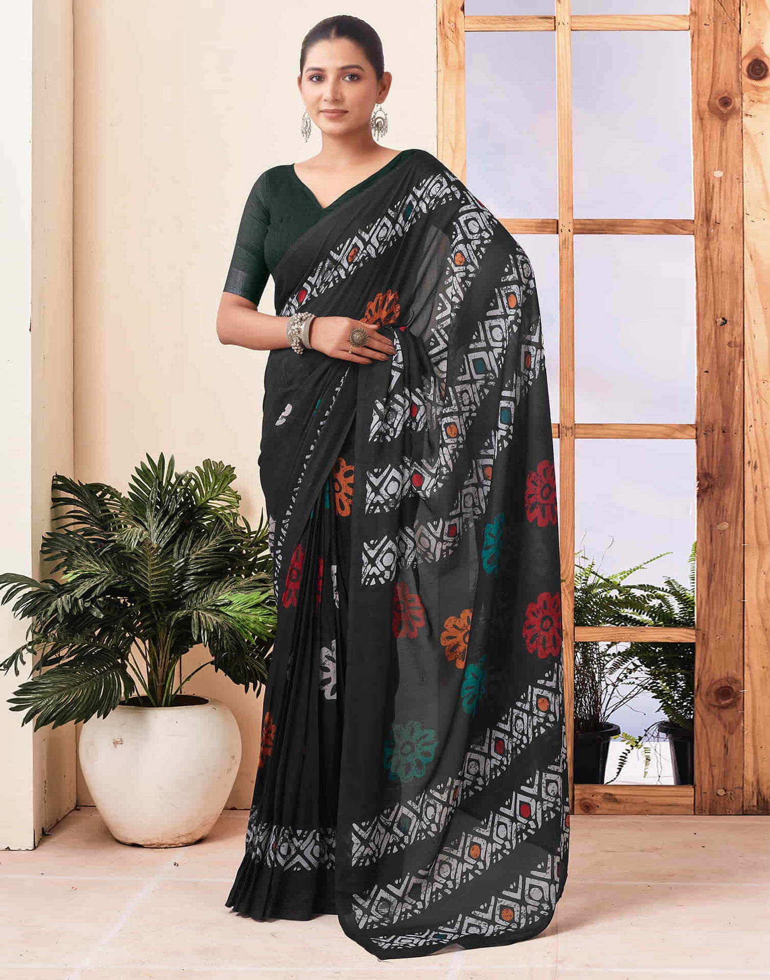 Ready To Wear Black Printed Chanderi Saree