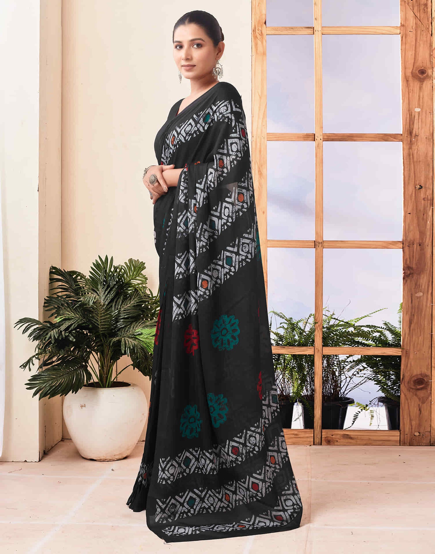 Ready To Wear Black Printed Chanderi Saree