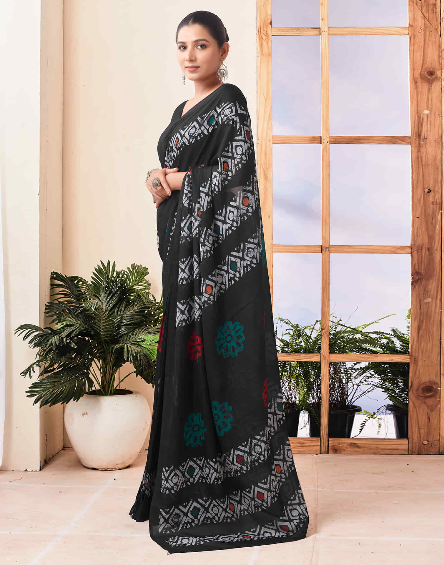 Ready To Wear Black Printed Chanderi Saree