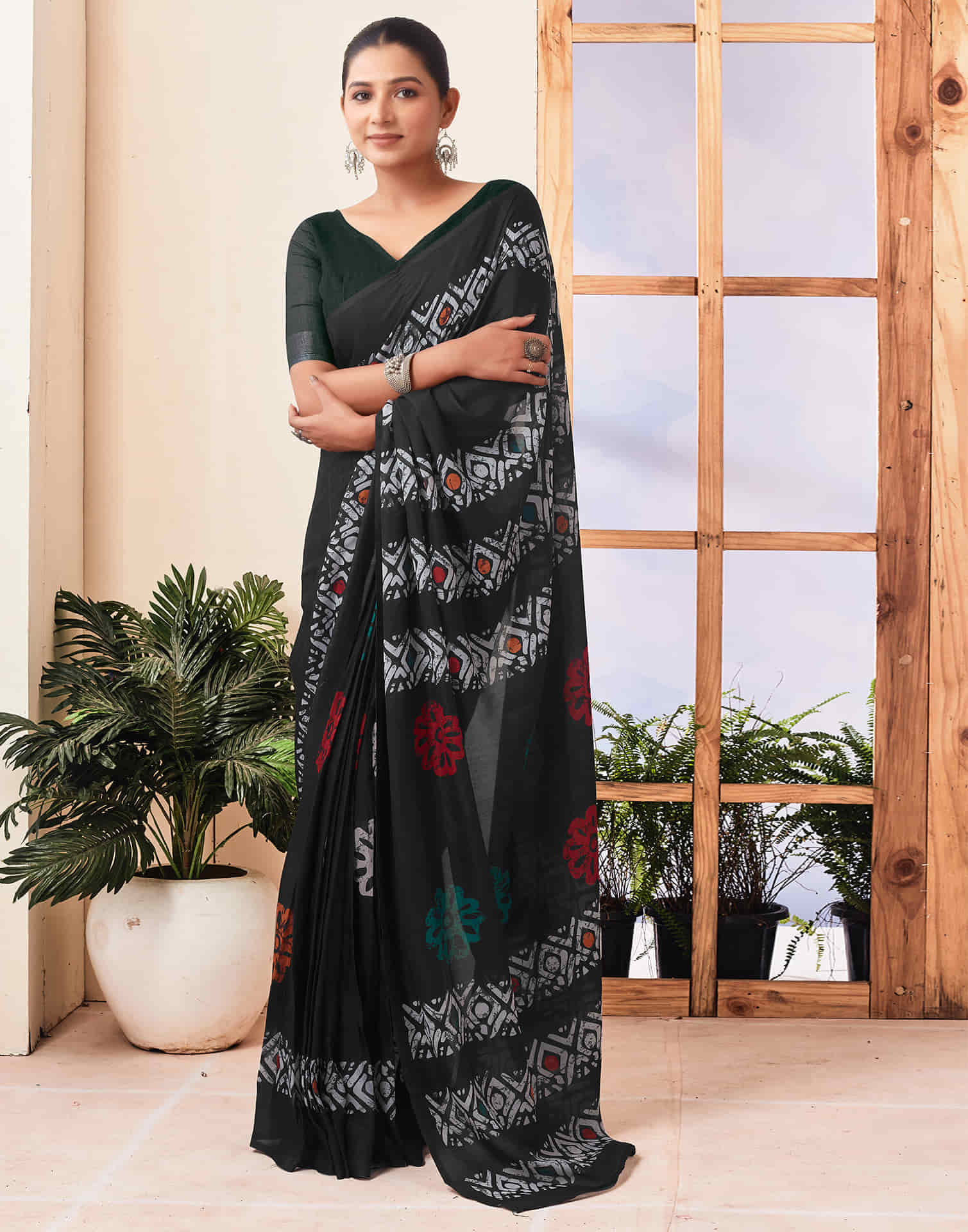 Ready To Wear Black Printed Chanderi Saree