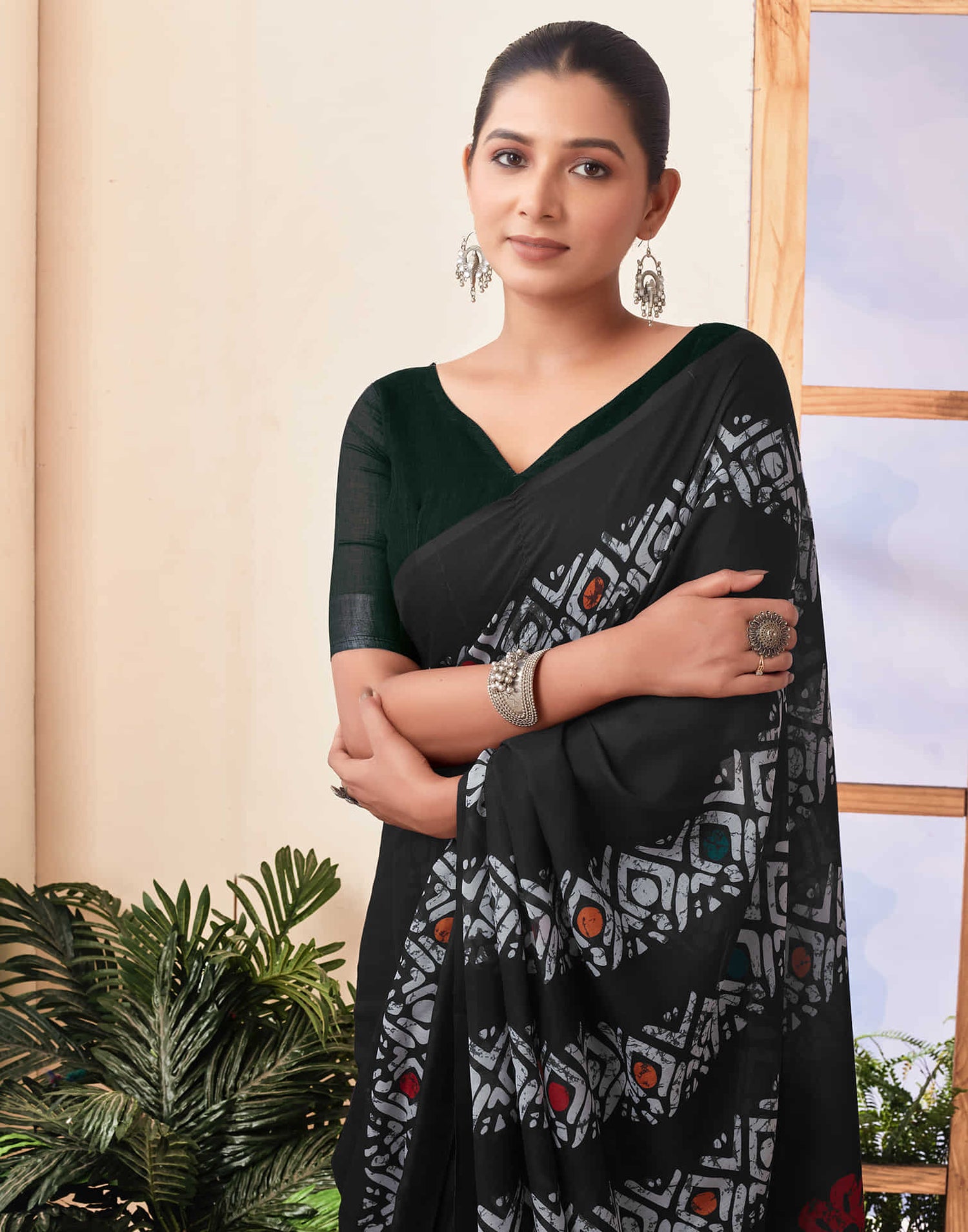 Ready To Wear Black Printed Chanderi Saree