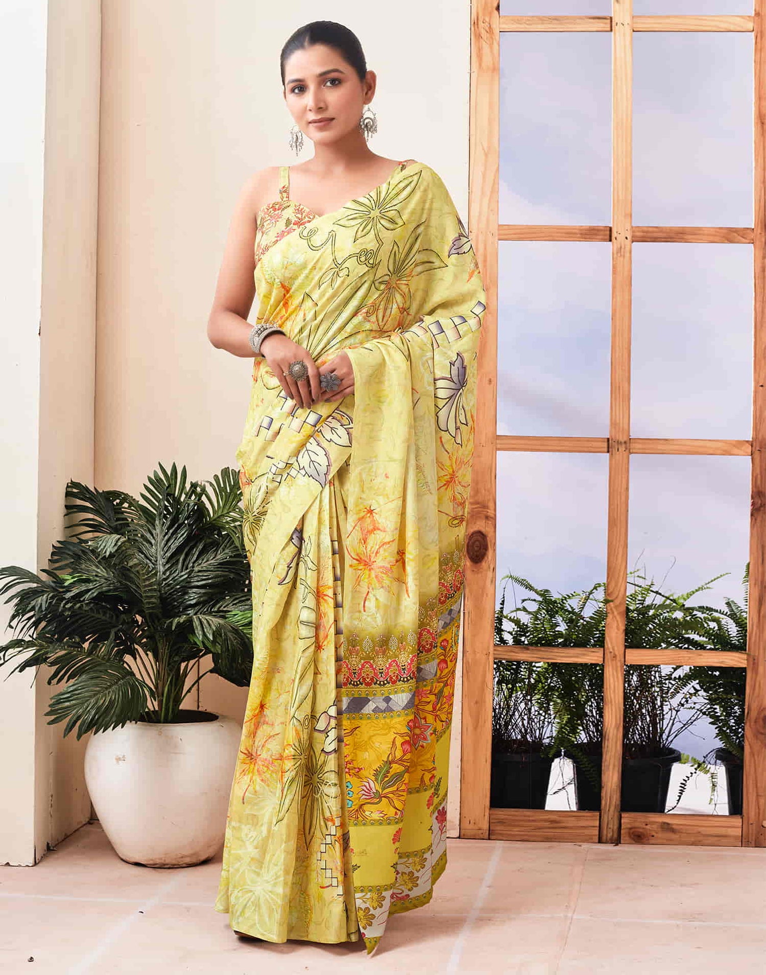 Ready To Wear Yellow Printed Linen Saree