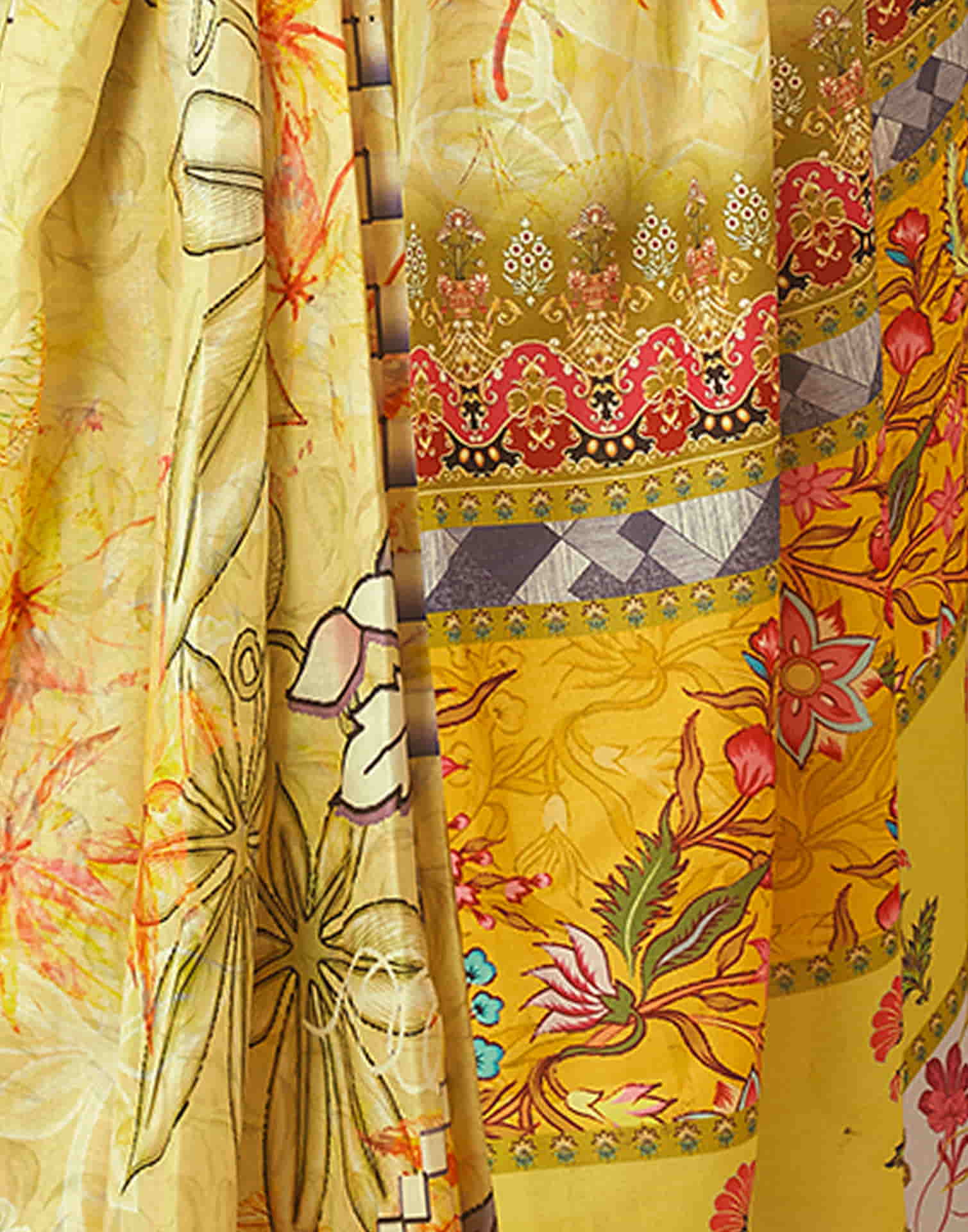 Ready To Wear Yellow Printed Linen Saree