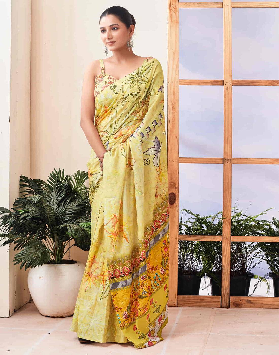 Ready To Wear Yellow Printed Linen Saree