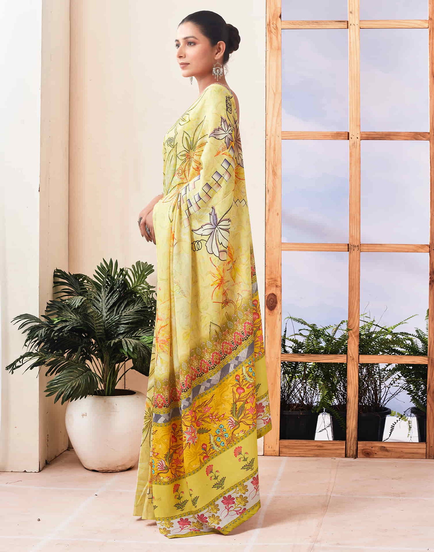 Ready To Wear Yellow Printed Linen Saree