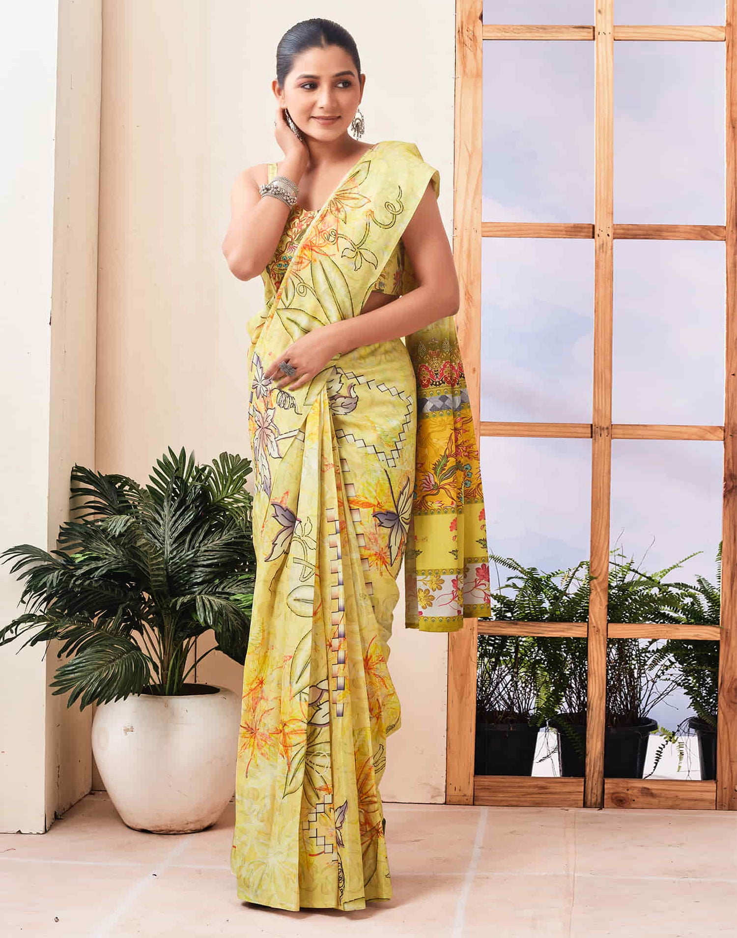 Ready To Wear Yellow Printed Linen Saree