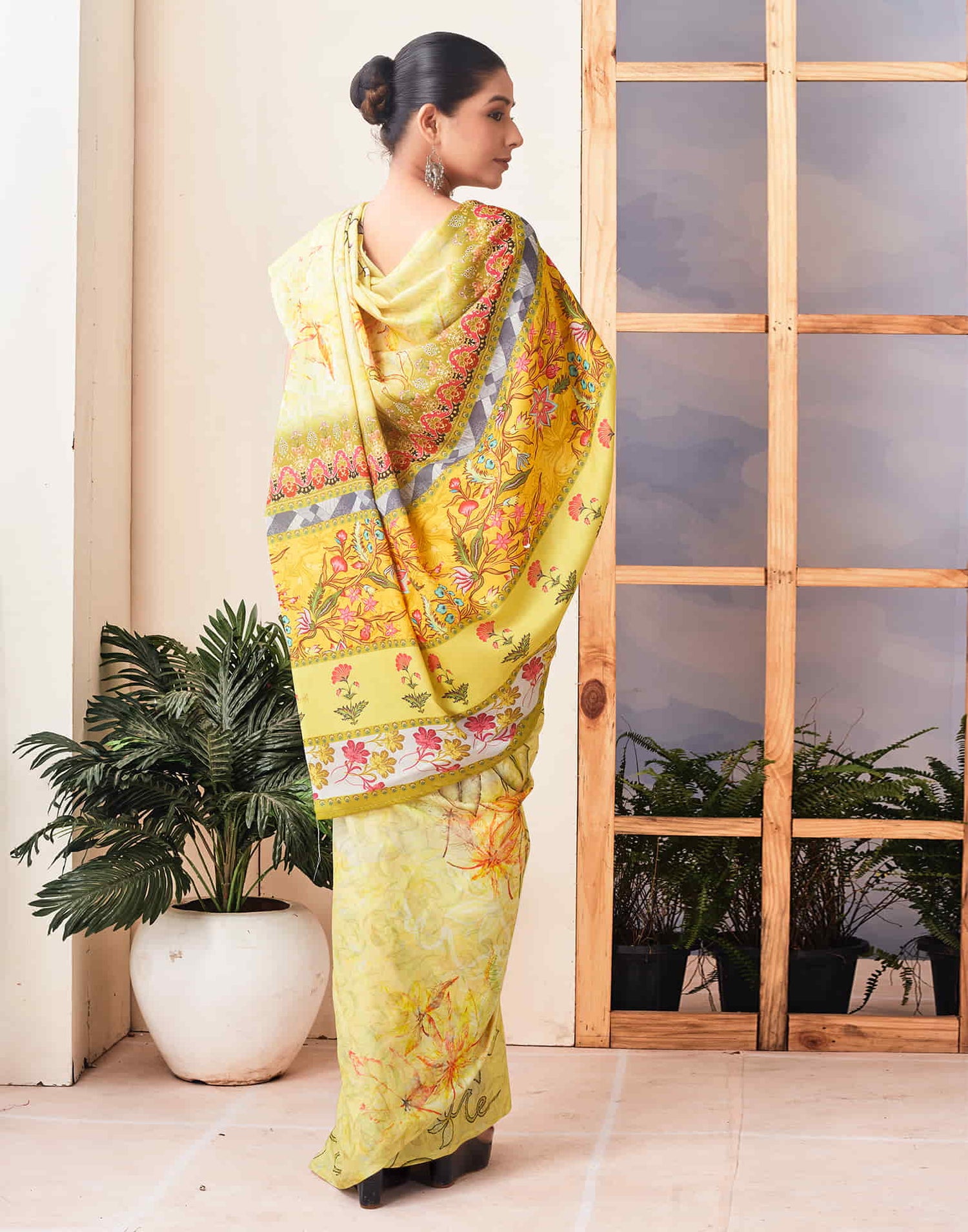 Ready To Wear Yellow Printed Linen Saree