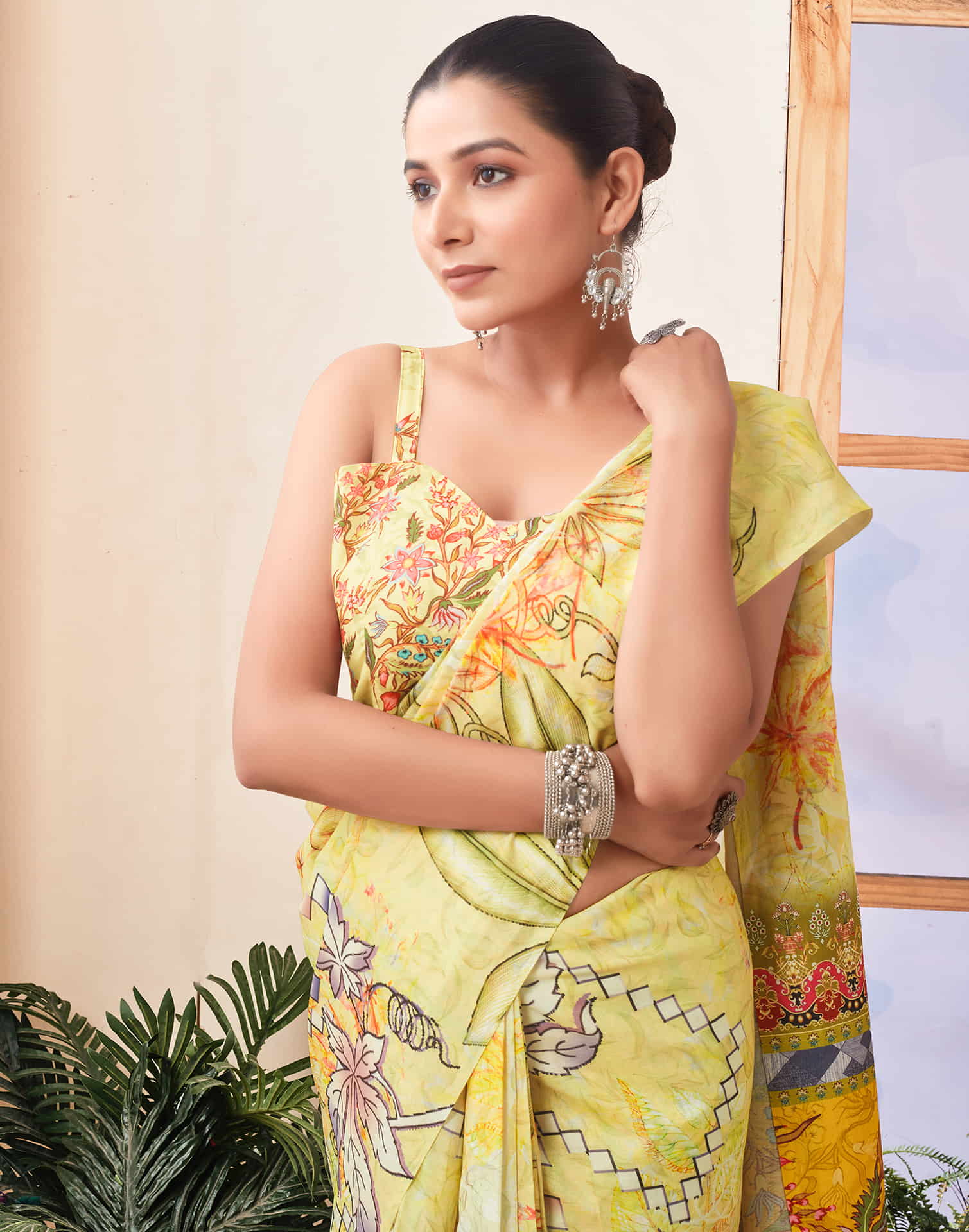 Ready To Wear Yellow Printed Linen Saree