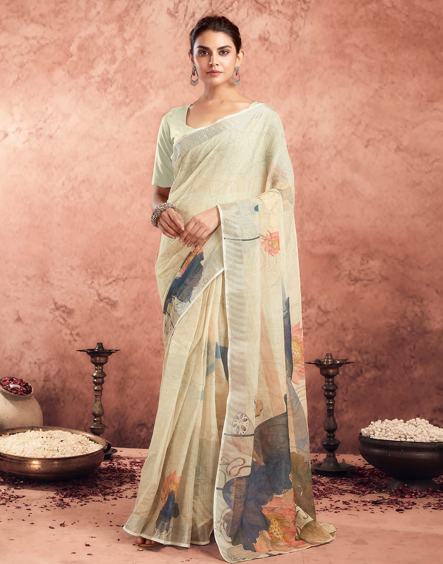 Ready To Wear Beige Cotton Printed Saree