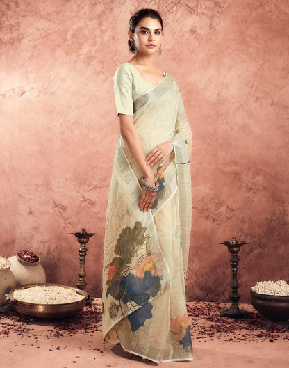 Ready To Wear Beige Cotton Printed Saree