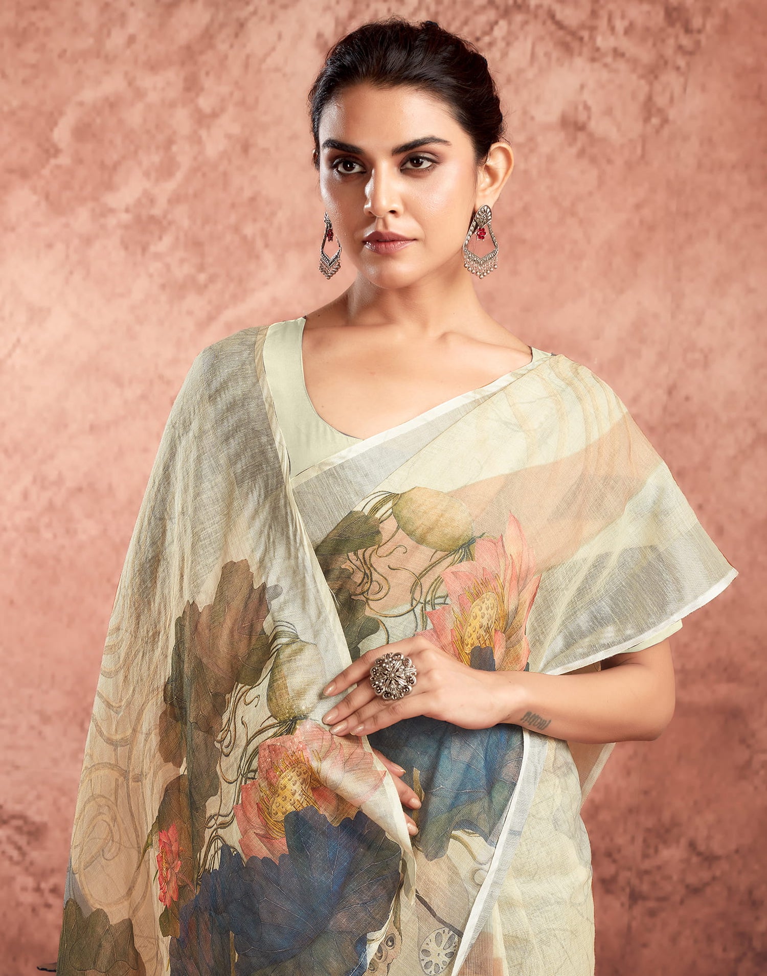 Ready To Wear Beige Cotton Printed Saree