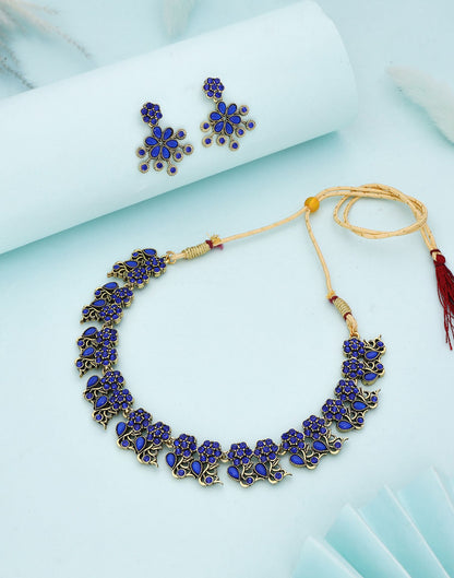 Blue Gold Choker Necklace Set With Dangle Earring