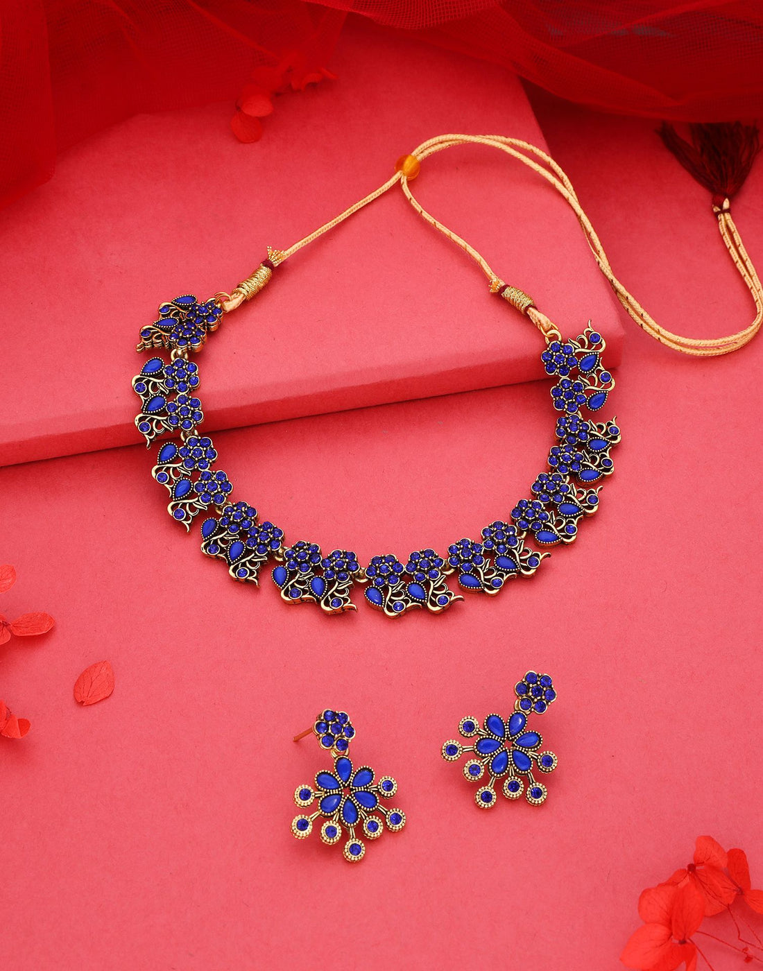 Blue Gold Choker Necklace Set With Dangle Earring