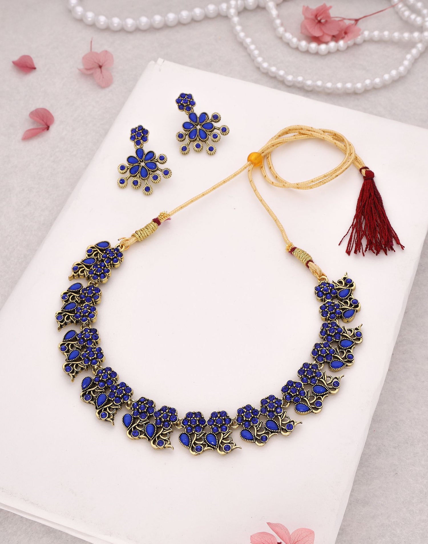 Blue Gold Choker Necklace Set With Dangle Earring