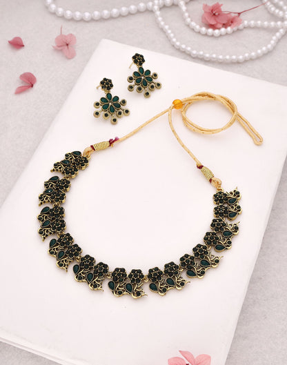 Green Gold Choker Necklace Set With Dangle Earring