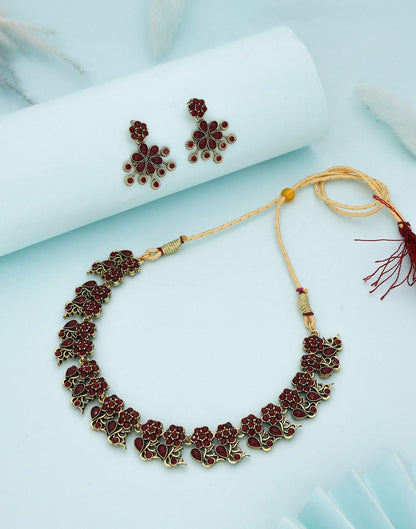 Maroon Gold Choker Necklace Set With Dangle Earring