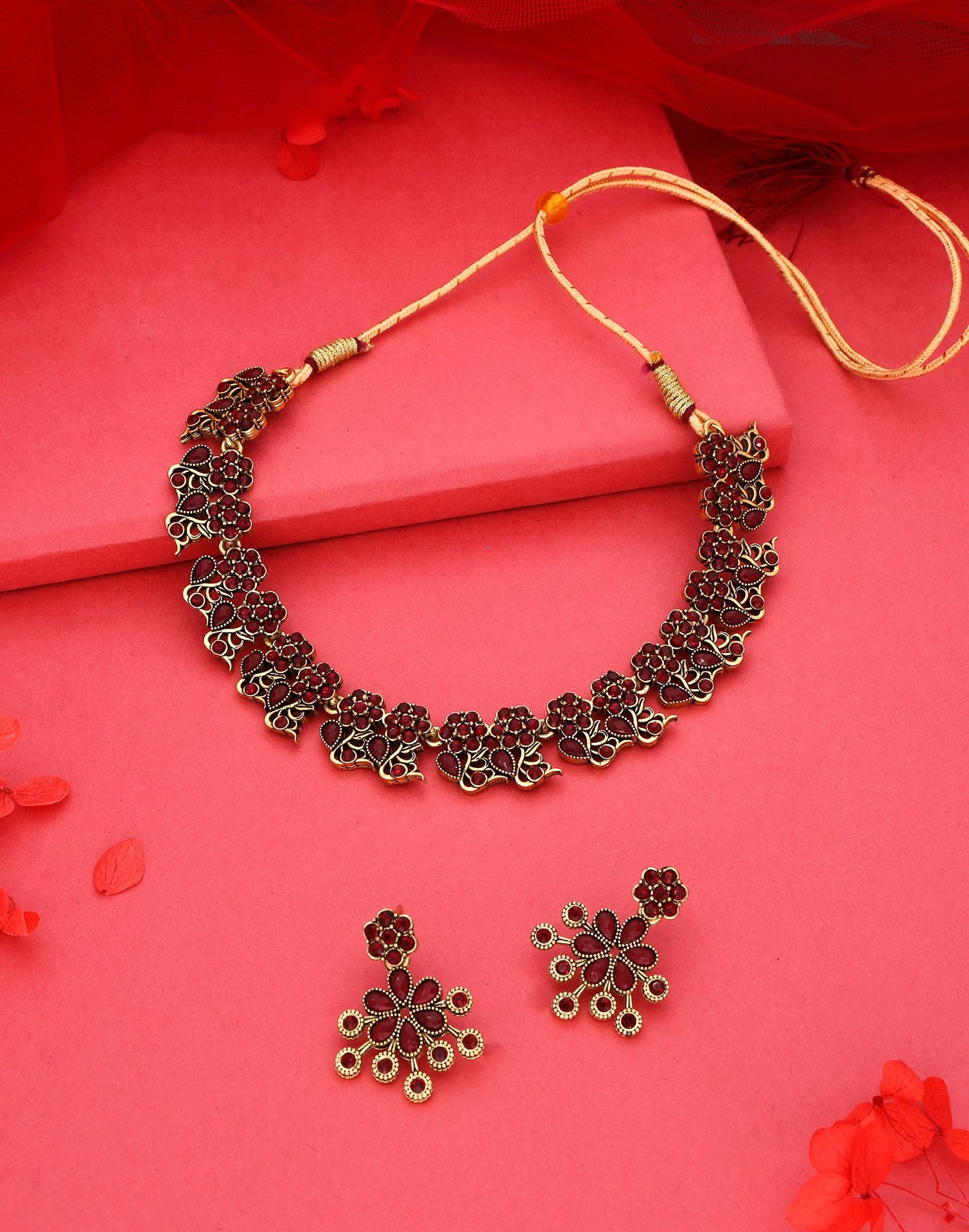 Maroon Gold Choker Necklace Set With Dangle Earring