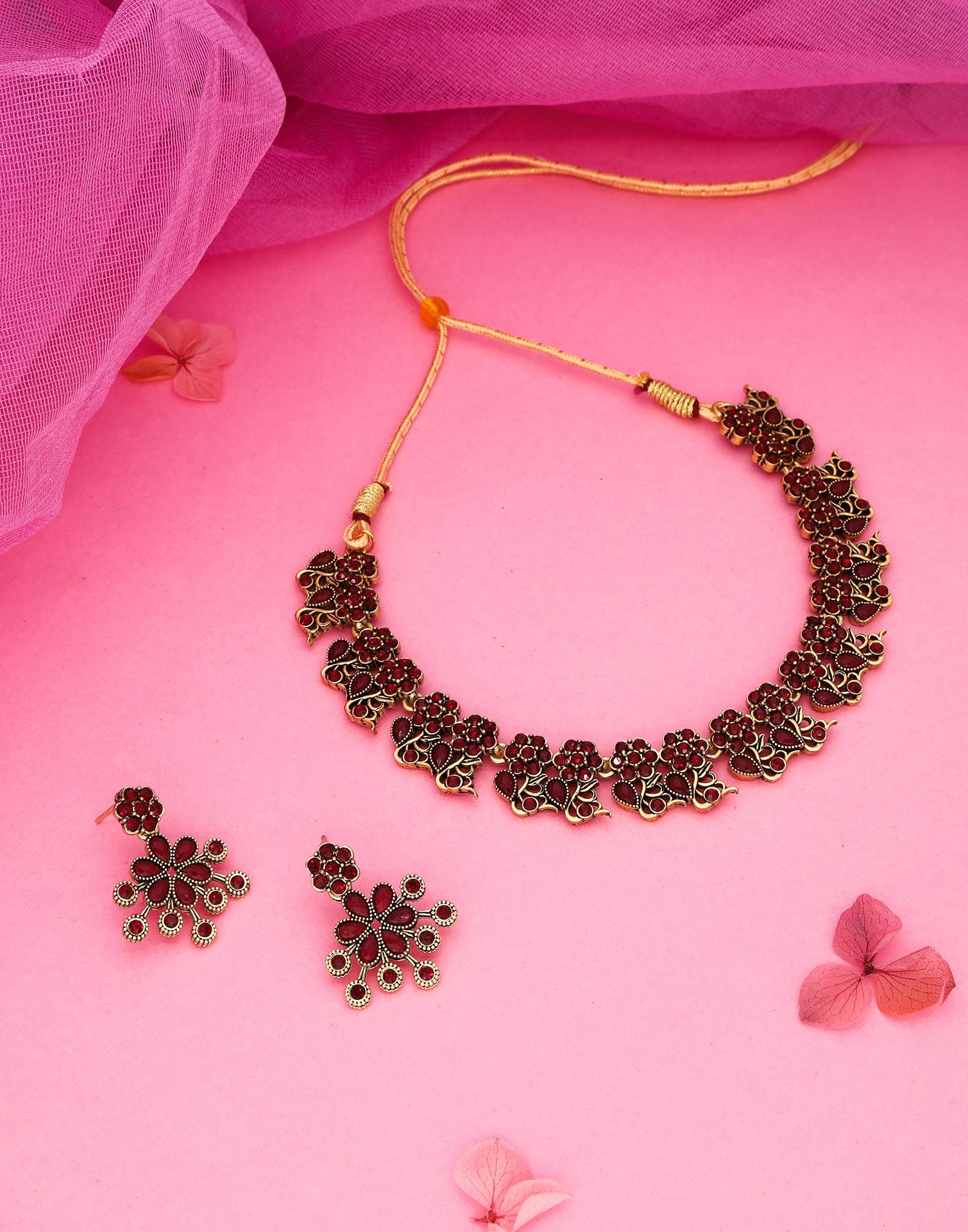 Maroon Gold Choker Necklace Set With Dangle Earring