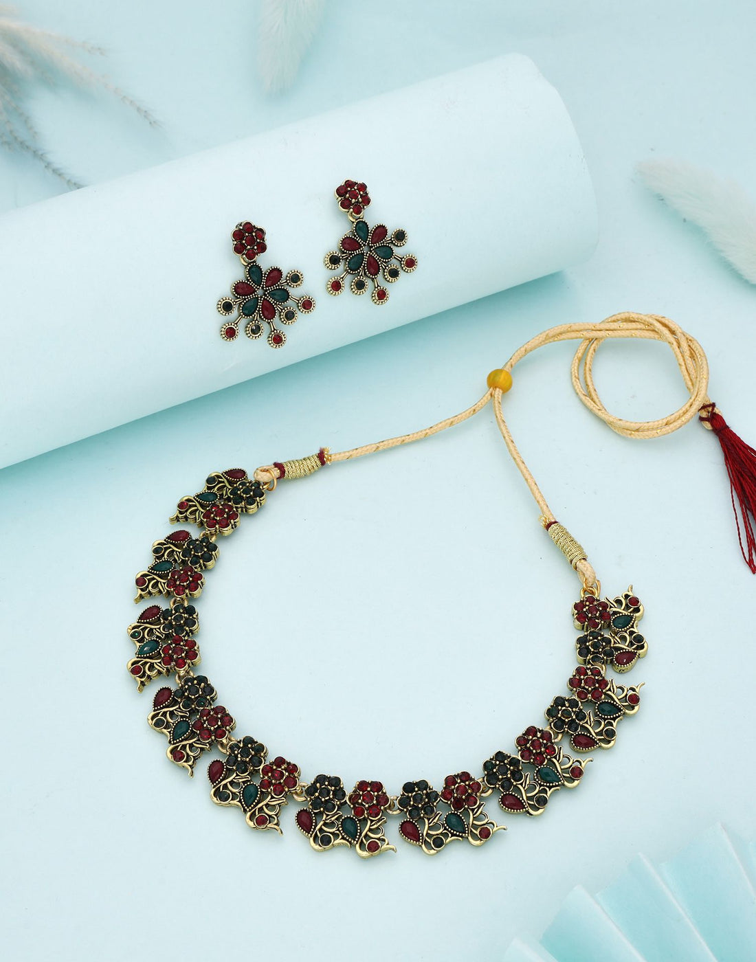 Maroon Gold Choker Necklace Set With Dangle Earring