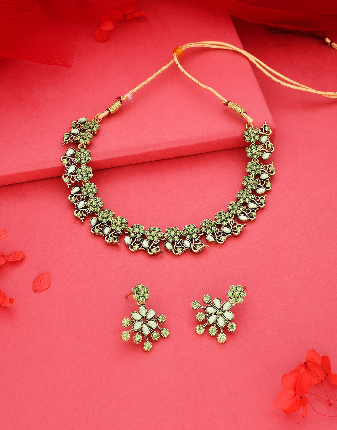 Green Gold Choker Necklace Set With Dangle Earring