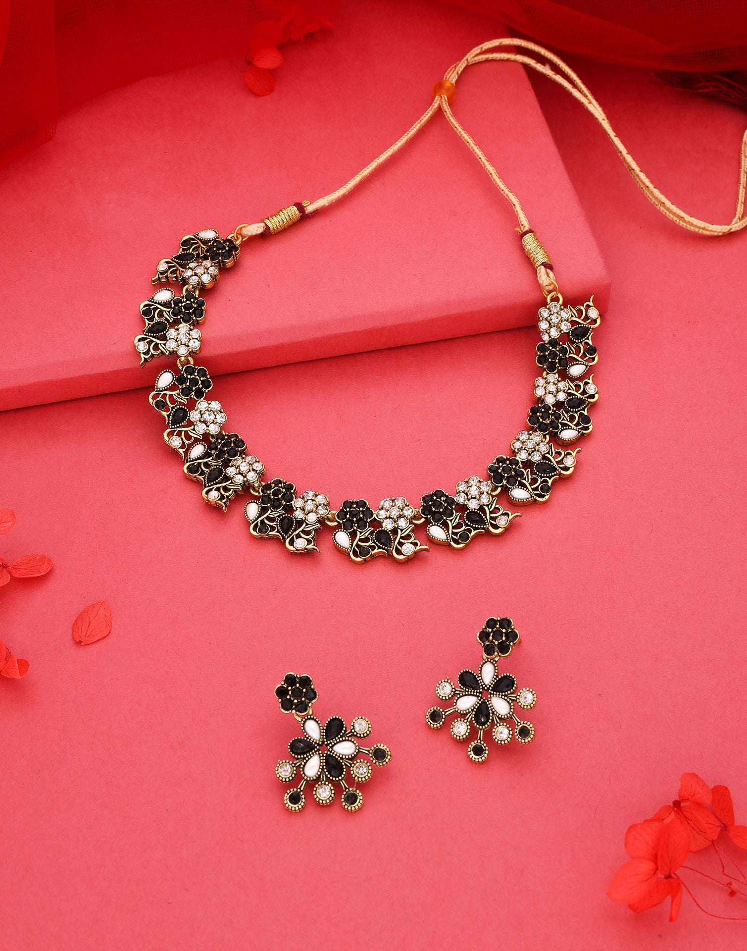 Black Gold Choker Necklace Set With Dangle Earring