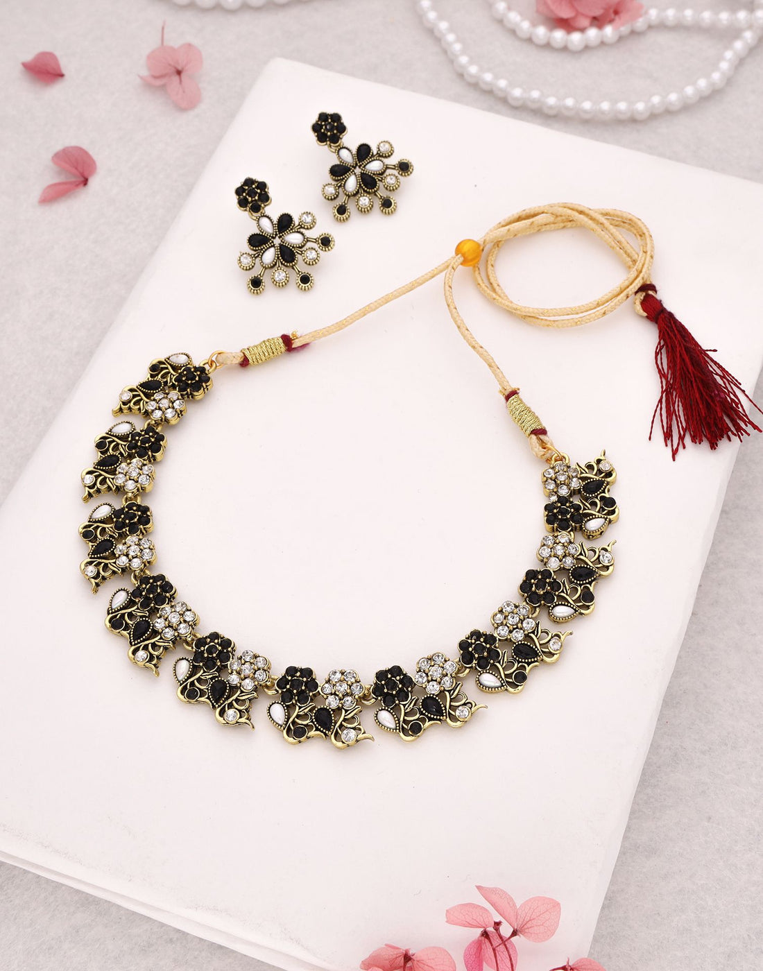 Black Gold Choker Necklace Set With Dangle Earring