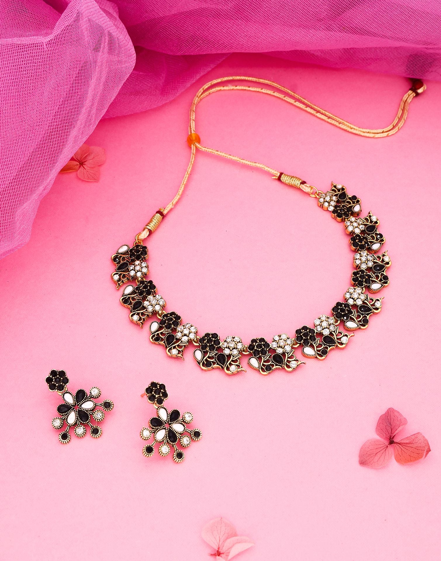 Black Gold Choker Necklace Set With Dangle Earring