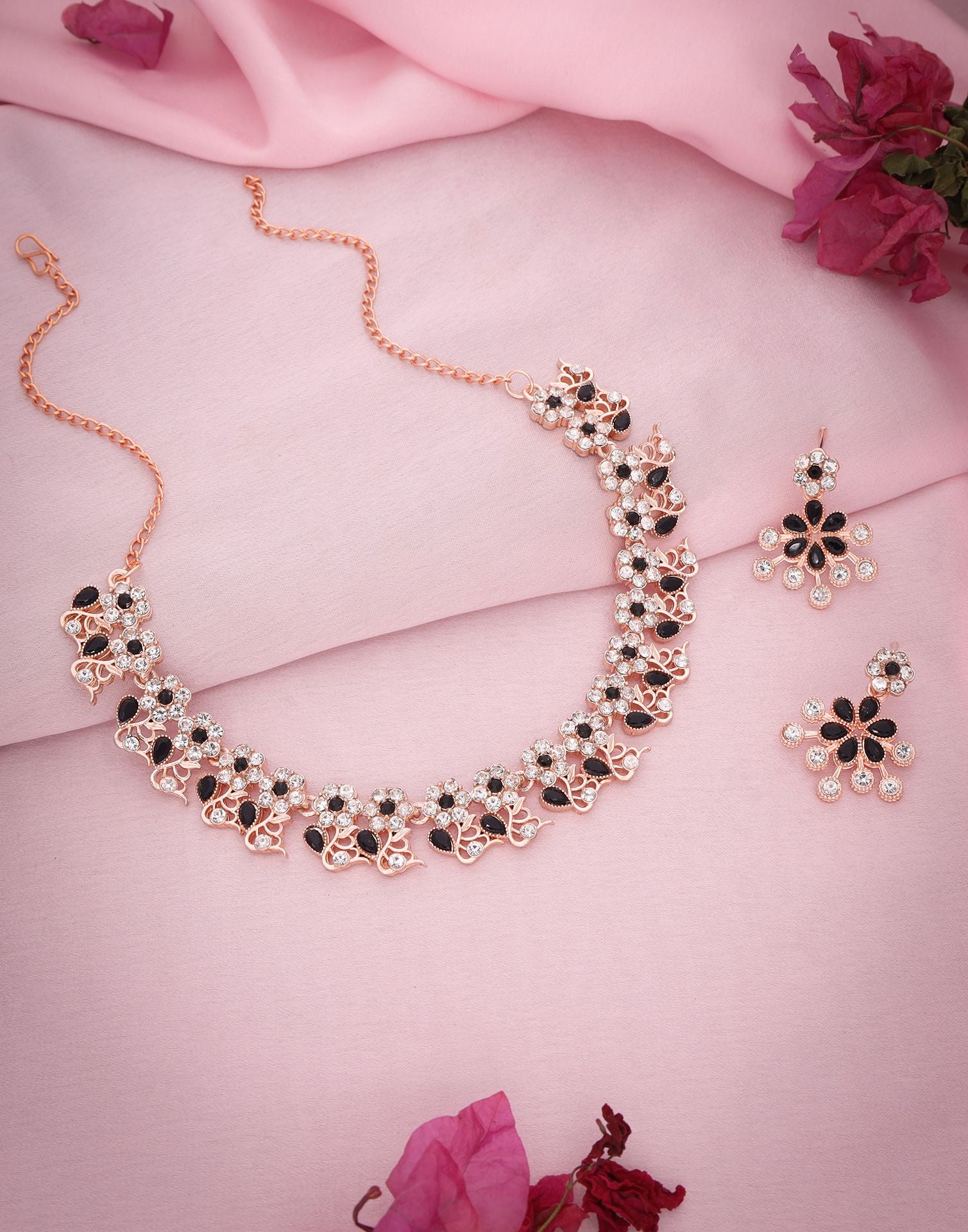 Black Rose Gold Choker Necklace Set With Dangle Earring