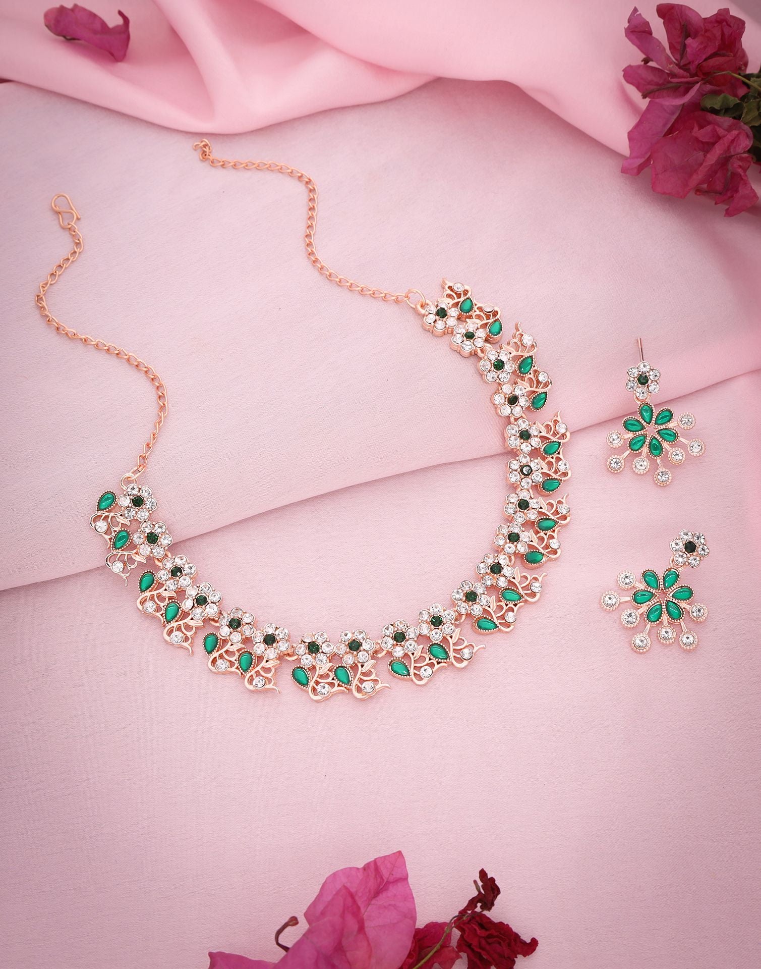 Green Rose Gold Choker Necklace Set With Dangle Earring