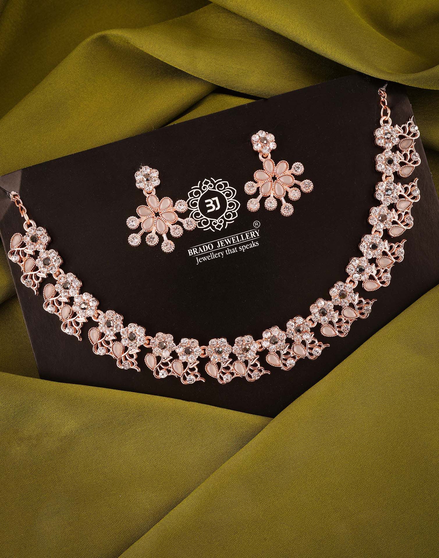 Grey Rose Gold Choker Necklace Set With Dangle Earring