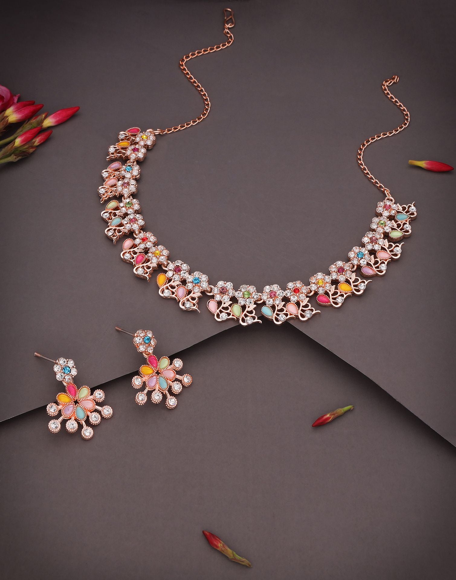 Multicolor Rose Gold Choker Necklace Set With Dangle Earring