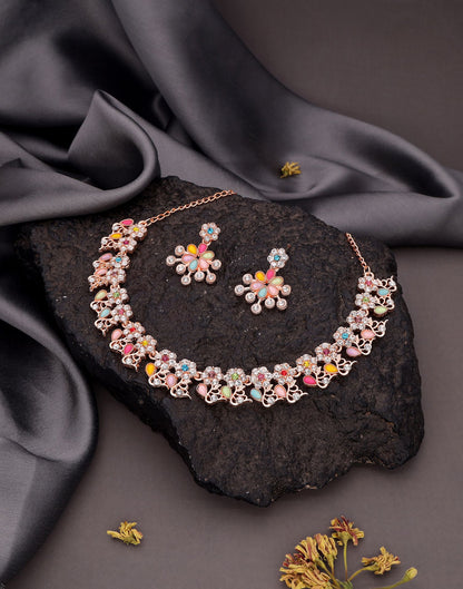 Multicolor Rose Gold Choker Necklace Set With Dangle Earring