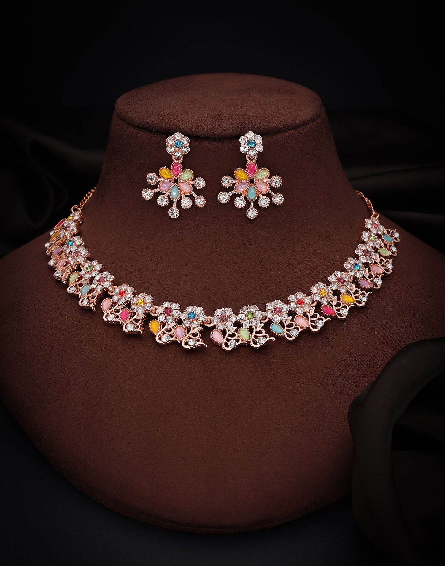 Multicolor Rose Gold Choker Necklace Set With Dangle Earring