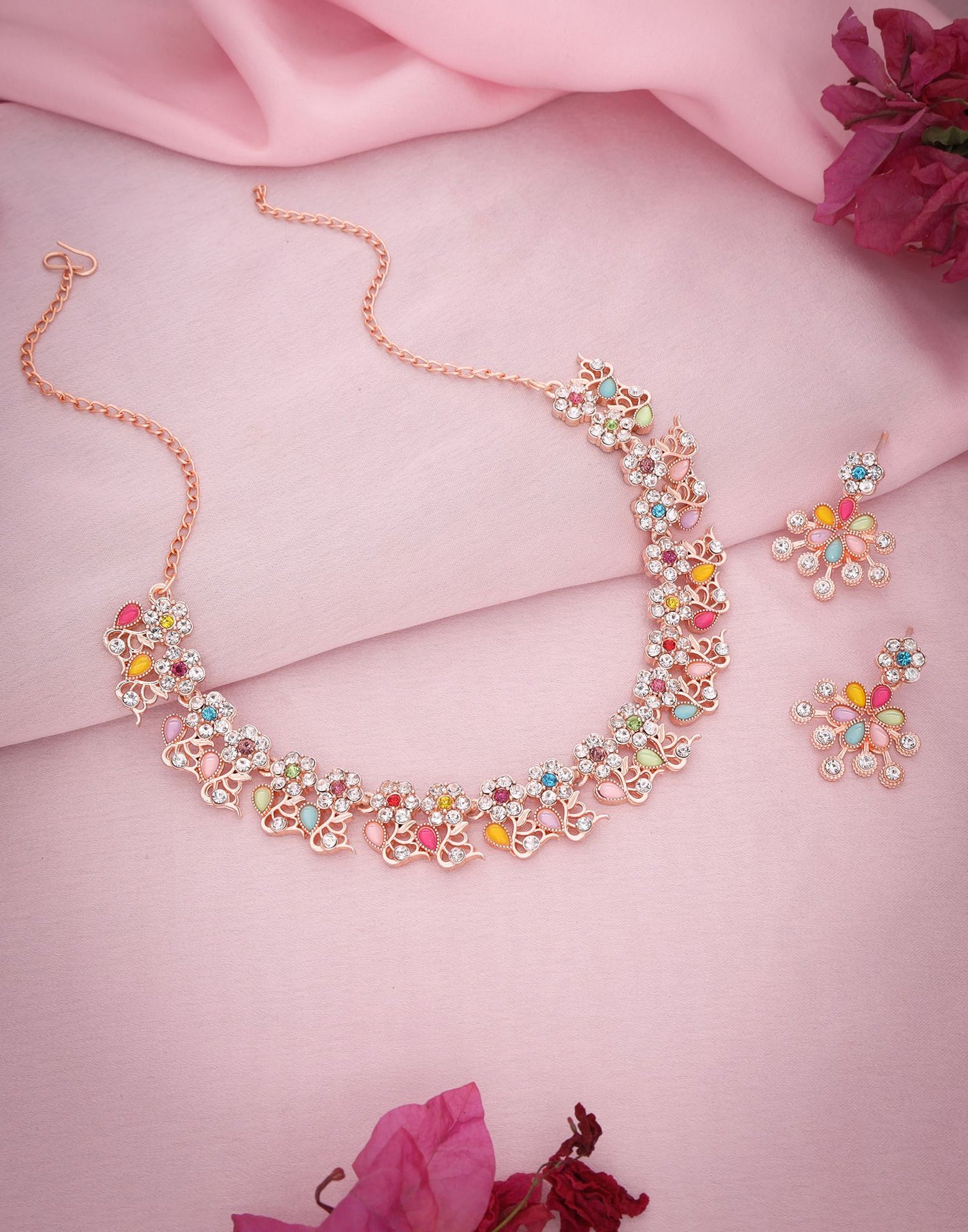 Multicolor Rose Gold Choker Necklace Set With Dangle Earring