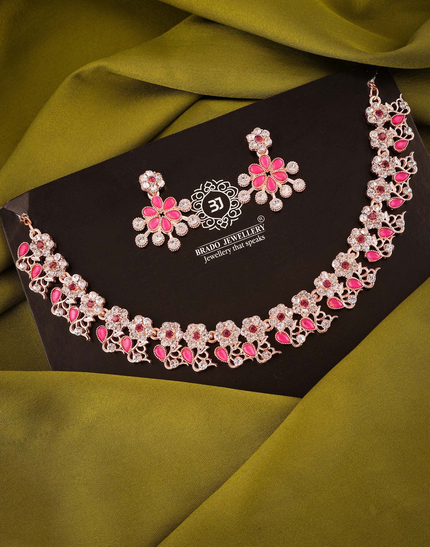 Pink Rose Gold Choker Necklace Set With Dangle Earring